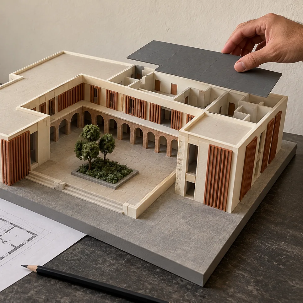 مجسّم معماري لمركز ثقافي بفناء داخلي مطبوع بطابعة ثلاثية الأبعاد
